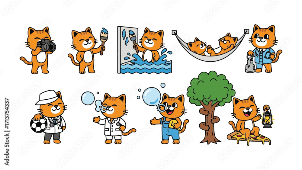 Fototapeta premium Whimsical Cat Cartoon Illustrations: A collection of playful and quirky cartoon cat illustrations engaged in various activities, perfect for adding a touch of fun and charm to any project.