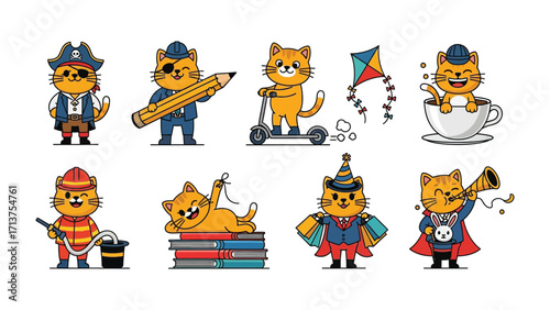 Cat-tivities: A whimsical cartoon collage of cute cat illustrations engages in various playful activities, each donning a unique outfit. A vibrant.