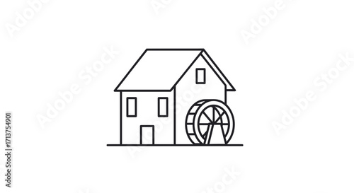 A line art illustration of a traditional water mill building with a rotating water wheel.