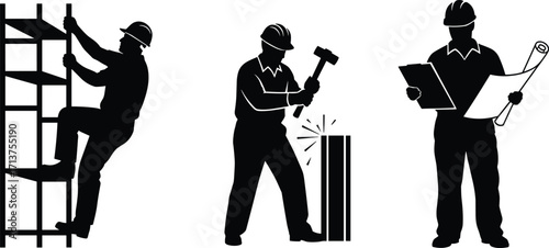 Construction workers climbing ladder, hammering steel, and reading blueprints wearing safety gear – engineering, industrial labor, and teamwork concept.