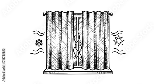 Window with curtains and sun and snow illustrations in sketch style  