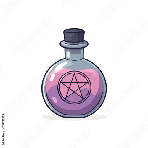 Magical potion in a glass bottle with a pentagram symbol and swirling pink liquid mysterious illustration