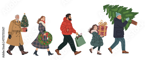 Vector set of people in winter clothes walking side view carrying Christmas gifts, tree, wreath, boxes, and festive shopping bags. Flat holiday illustration isolated on transparent background.