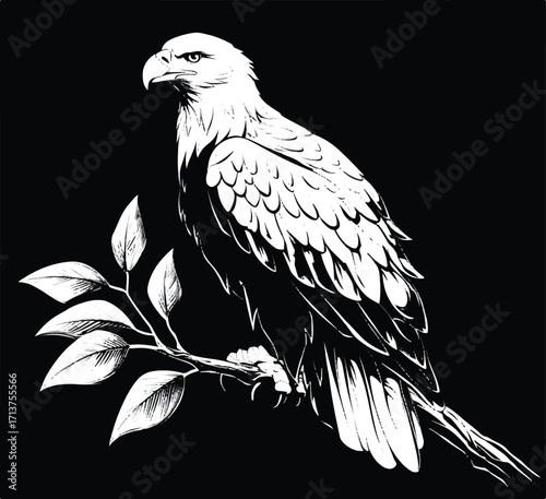 Majestic bald eagle perched on a branch illustration in black and white elegance wildlife art design