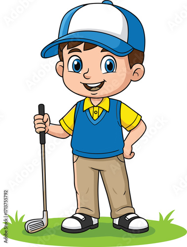Smiling young boy playing golf, cartoon character in sports outfit, kid golfer holding golf club on green grass, fun children activity illustration.