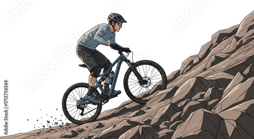 A cyclist in protective gear rides a mountain bike up a rocky, steep incline.