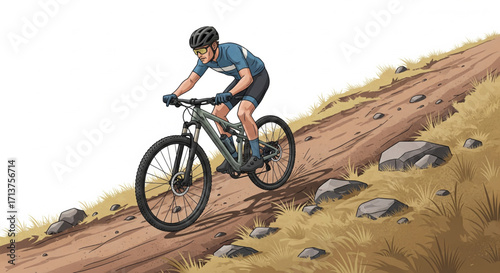 A cyclist ascends a rugged mountain trail on a rugged mountain bike.