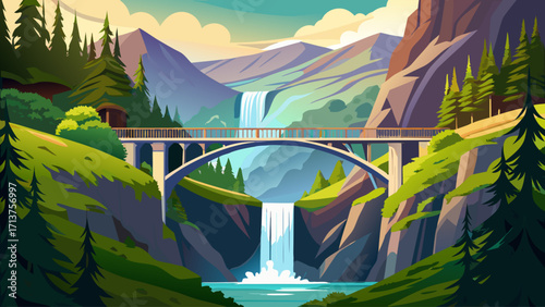 Multnomah Falls in Oregon, elegant two-tiered waterfall with iconic stone bridge crossing in front, surrounded by green forest and misty atmosphere.