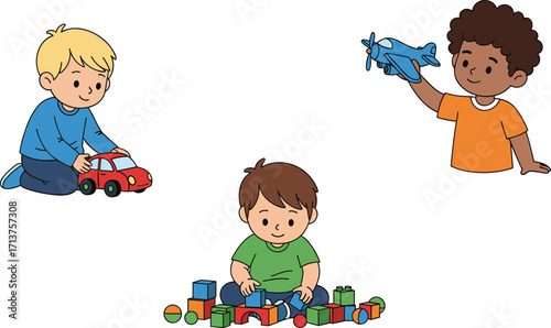 Three happy kids playing with toys, children having fun with toy car, blocks, and airplane, diverse kids enjoying playtime indoors, early childhood play activities, preschool learning and development