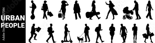 concept of urban life silhouettes.  people walking on urban street. People going office, travelling, shopping strolling dogs and baby, vacation, students and fashioning. 