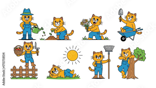 Cat Gardener's Delight: A charming array of playful cat illustrations, each depicting a different facet of the gardening experience, from watering plants to basking in the sun.