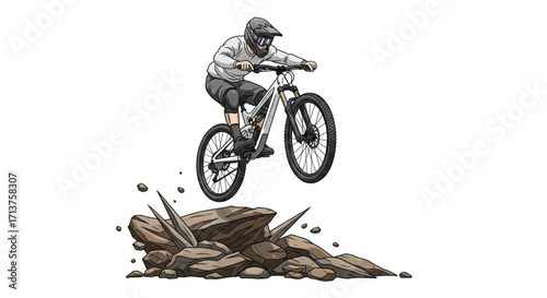 A cartoon illustration of a mountain biker performing a jump over rocks.