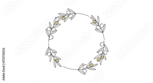 An elegant olive branch wreath design with hand drawn details and subtle olive fruit accents creating a timeless circular frame.