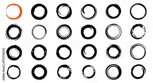 A collection of abstract hand drawn circle brush strokes and rough outlines
