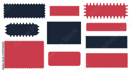 Collection of various rectangular shapes with serrated edges in red and navy blue colors.
