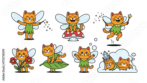 Whimsical Feline Fairies: A collection of adorable cartoon cat fairies with whimsical wings, each embodying a unique sense of playfulness.