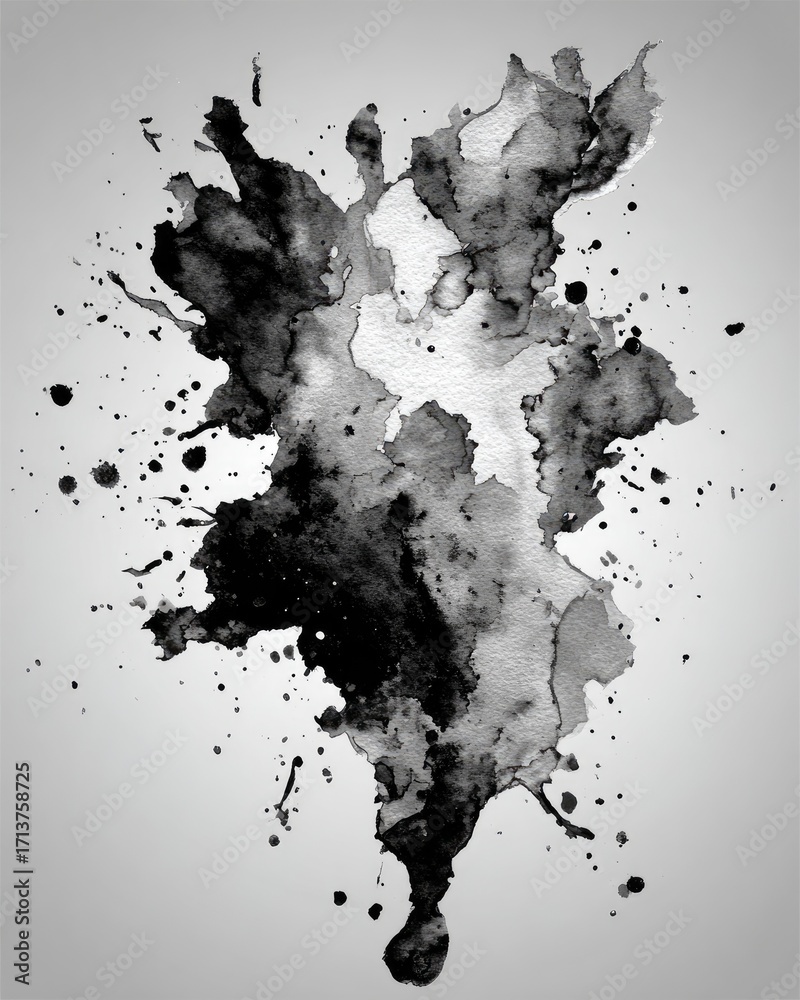 Obraz premium Abstract grayscale watercolor splatter, with dark, dense center fading to lighter edges and small satellite droplets