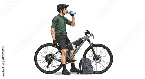 Cyclist taking a break, hydrating with water bottle next to bicycle.