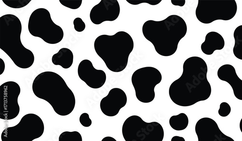 A seamless pattern of irregular black cow spots is repeated on a white background.
