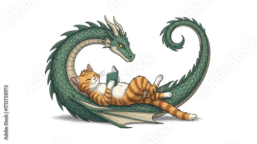 Reading with a Friend: An adorable orange tabby cat, comfortably lounging, engrossed in a book. Beside it, a majestic dragon watches with serene interest. 