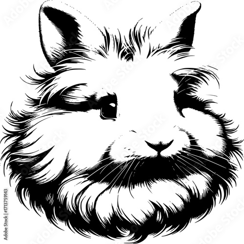 Fluffy Bunny Portrait: A charming monochrome illustration captures the adorable visage of a fluffy bunny, rendered in a classic, timeless style. 