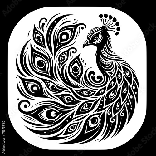 Elegant Peacock Illustration: A sophisticated peacock illustration showcases a graceful bird in profile, its exquisite plumage and intricate details capturing the essence of avian elegance.