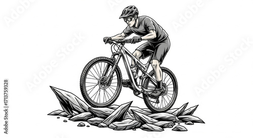 A cyclist skillfully navigates a mountain bike over a rocky terrain, showcasing balance and control.