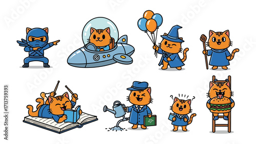  Whimsical Character Cats: A charming set of character cats, each uniquely designed and ready to bring a touch of fun to any project or design. 