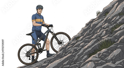 A cyclist in cycling gear stands with his mountain bike on a rocky hillside, looking forward.