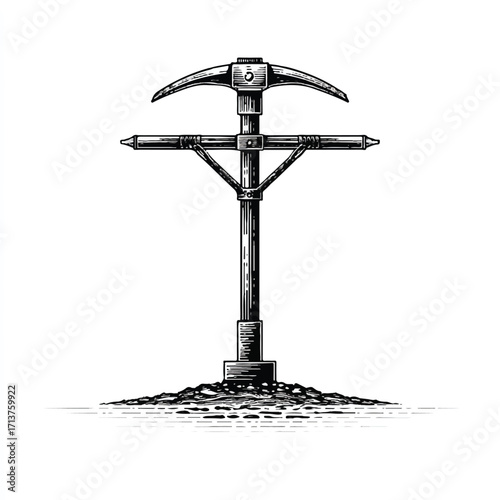 Monochrome vintage style illustration of a grave marker or cross made of mining tools concept drawing