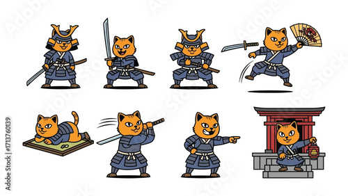 Feline Warrior Illustration: A collection of illustrated cats, each embodying the spirit of a samurai, wielding swords and showcasing traditional attire, set against a clean background.