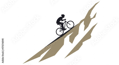 A cyclist rides uphill on a mountain, silhouetted against a white background.