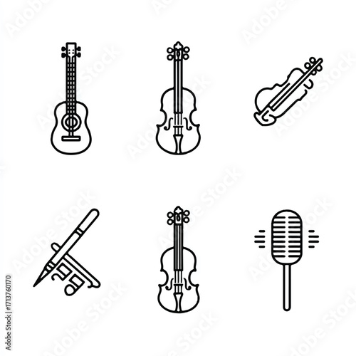 Musical instruments collection including guitar violin microphone pen and music notes in line art style on white background