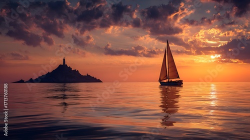 A sailboat sails across the ocean at sunset. The sailboat floats upon the sea at sunset. In the distance lies an island, with a lighthouse standing upon it.