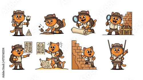Adventurous Cat Explorer Set: A captivating collection of illustrations showcases a cheerful cat in the role of an intrepid explorer.