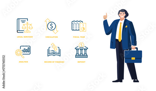 Businessman with briefcase, Business, people. Financial market analysis, icons, signs. Investor, money, investment growth financing. Blue design, background. Banner, profitability. Vector illustration