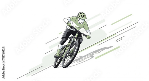 Mountain biker descends a steep slope, speed and motion emphasized in stylized illustration.