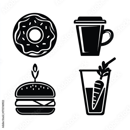 Food and Drink Icon Set Including Burger Donut Coffee and Carrot Juice in Black and White