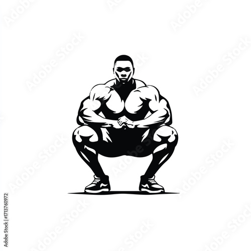 Powerful African American Bodybuilder in Deep Squat Silhouette Illustration Strong Athlete Graphic