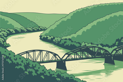 Allegheny River in Pennsylvania, reflective waters winding past green hills and steel bridges