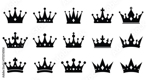 Variety of black crowns depicted in a simple illustrative graphic design