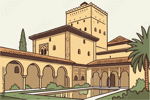 Alhambra Palace in Granada, Spain, Moorish fortress-palace with carved arches and reflecting pools