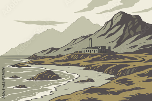 Adak Island in Alaska, abandoned navy base with volcanic landscapes and windswept shores