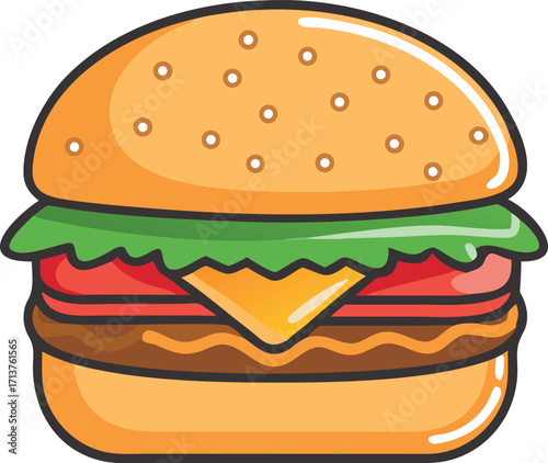  cheeseburger illustration with lettuce tomato cheese and bun