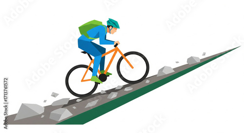 A stylized illustration of a cyclist ascending a rocky mountain trail.