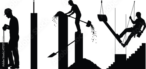 High-rise construction worker silhouettes shoveling, operating crane bucket, and hanging on harness – vector illustration of vertical building labor.