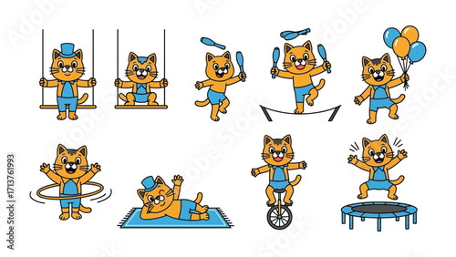 Circus Cat Performance: An illustrated circus cat performs a series of daring feats, including juggling, tightrope walking, and swinging. A whimsical display of talent.