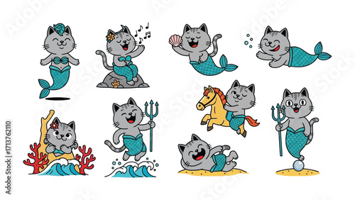 Whimsical Cat Mermaid Collection: Playful cartoon illustrations of charming cat mermaids, each depicted in unique underwater scenarios and poses.