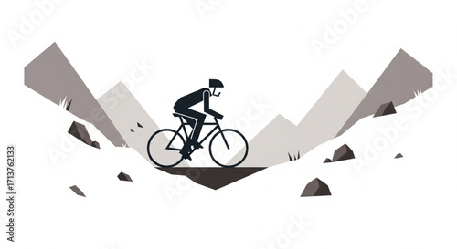 Cyclist riding a bicycle through a mountainous landscape, depicted in a minimalist, stylized illustration.