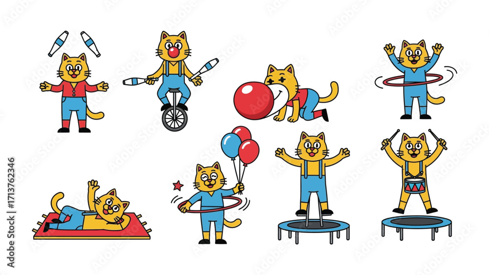 Obraz premium Playful Circus Cat Performance: A delightful illustration showcases a charming cat performing a series of circus acts. Witness the cat's acrobatic skills and clownish antics.